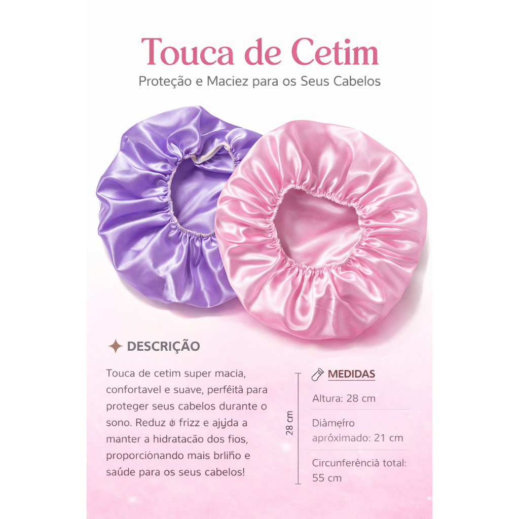 Touca de Cetim para Dormir Anti Frizz Protege Cabelo Cacheado e Crespo com Elástico Confortável