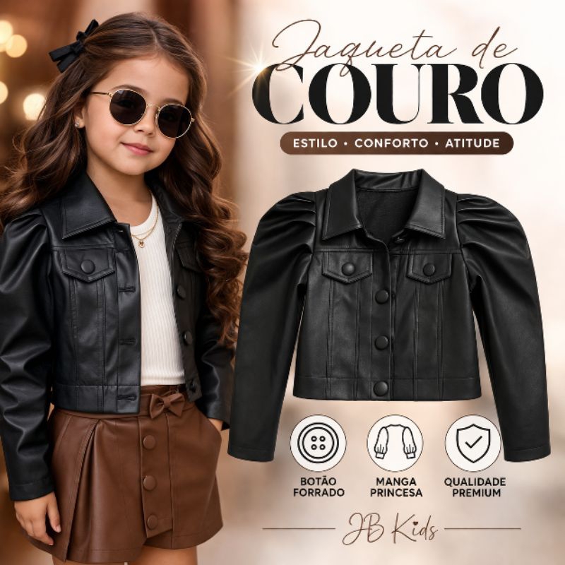 Jaqueta Infantil Couro Ecológico Menina Manga Princesa Botão Forrado Moda Blogueirinha 2 ao 10 em Oferta na Shopee