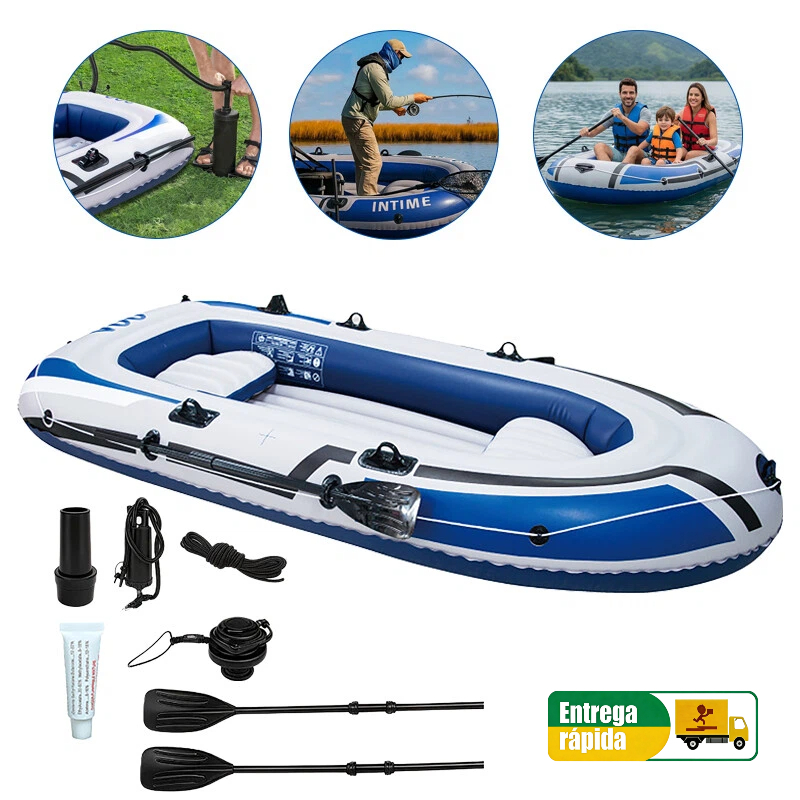 Caiaque Inflável Azul, três pessoas, PVC Super Forte, Com Remos Bomba e Suporte para Vara