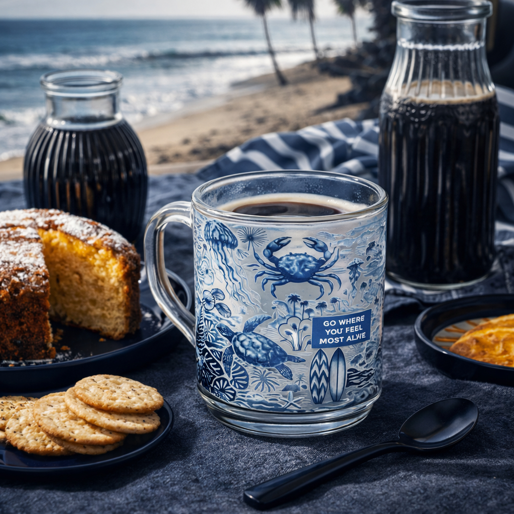Xicara Caneca 250ml Agata Vidro Café Chá Decorada Oceano Fundo Do Mar Tartaruga Coral