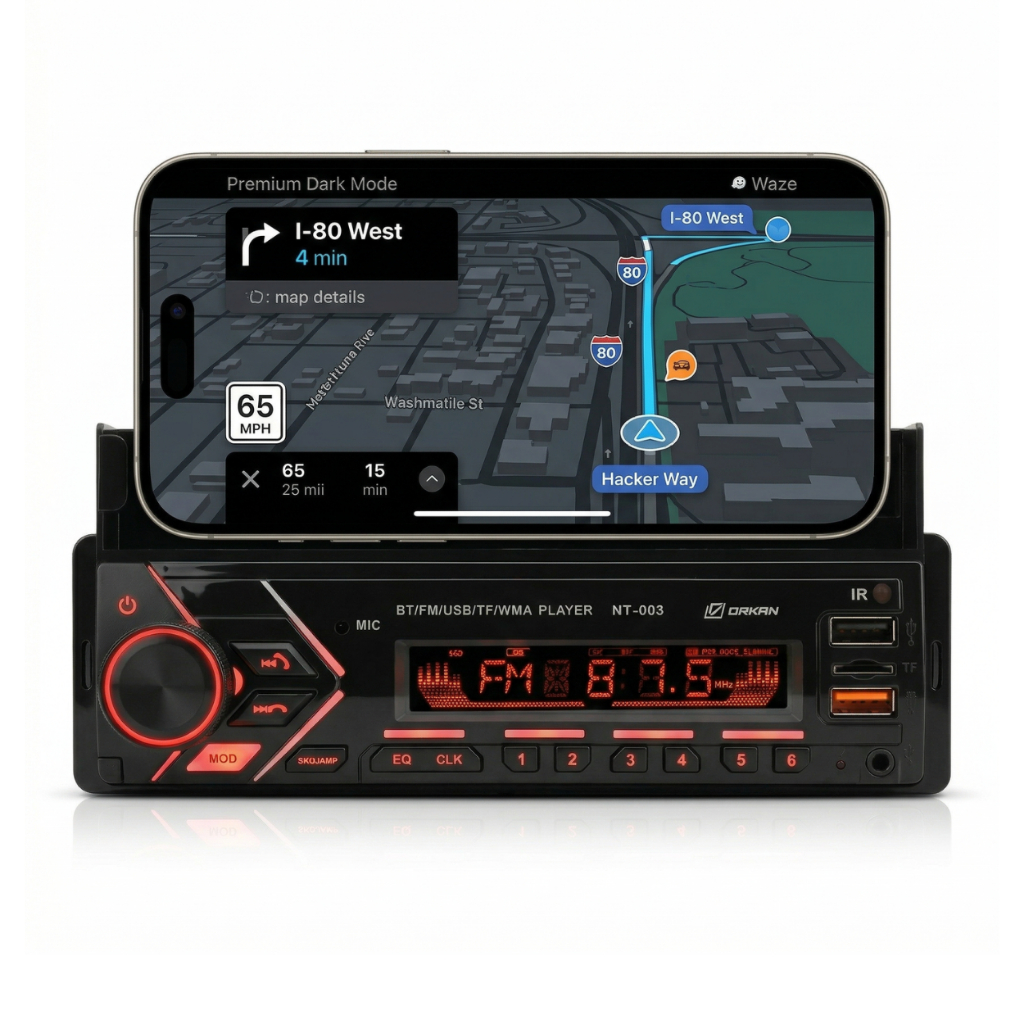 Rádio Automotivo 1 Din 4x45W Bluetooth 2 USB RCA SD Display 7 Cores Suporte Celular Orkan