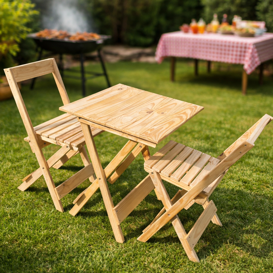 Mesa Dobrável com 2 Cadeiras em Madeira – Kit Compacto para Jardim, Varanda e Churrasco