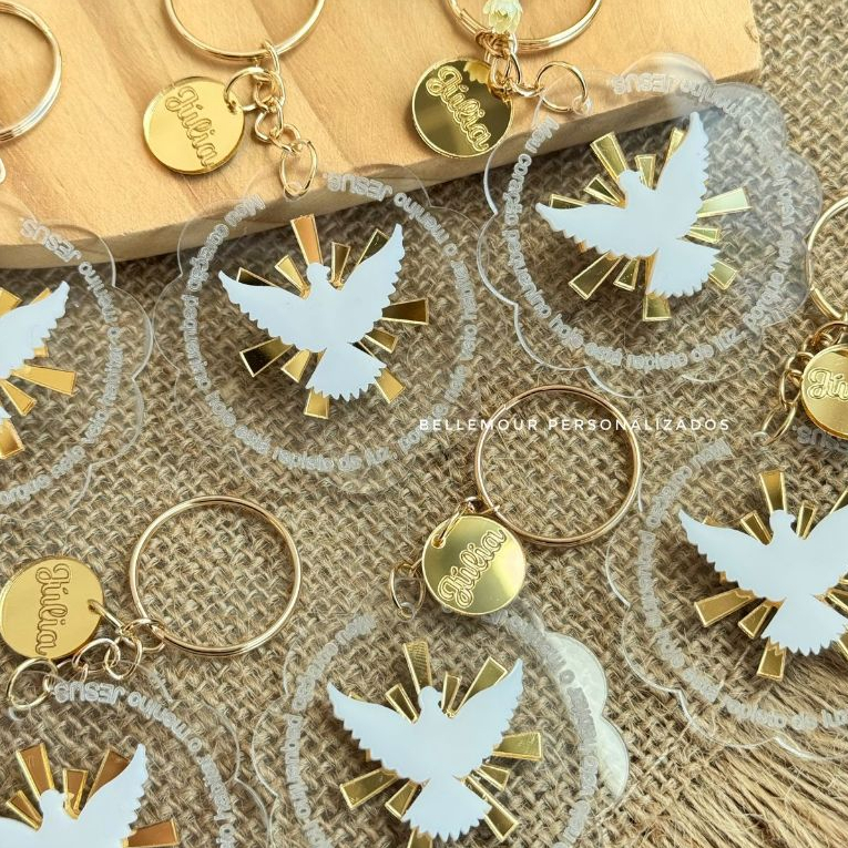 Chaveiro Personalizado Espírito Santo/Acrílico com nome/ Lembrancinha religiosa Batizado/Crisma/Eucaristia