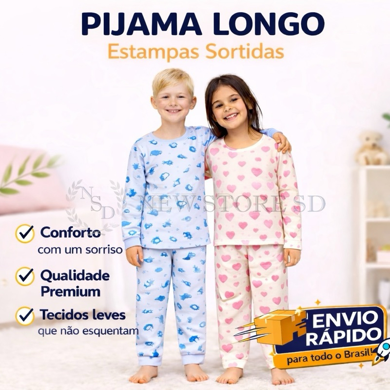 Pijama Infantil 100% Algodão 02 ao 10 Calça e Manga Longa Confortável Estampas Divertidas