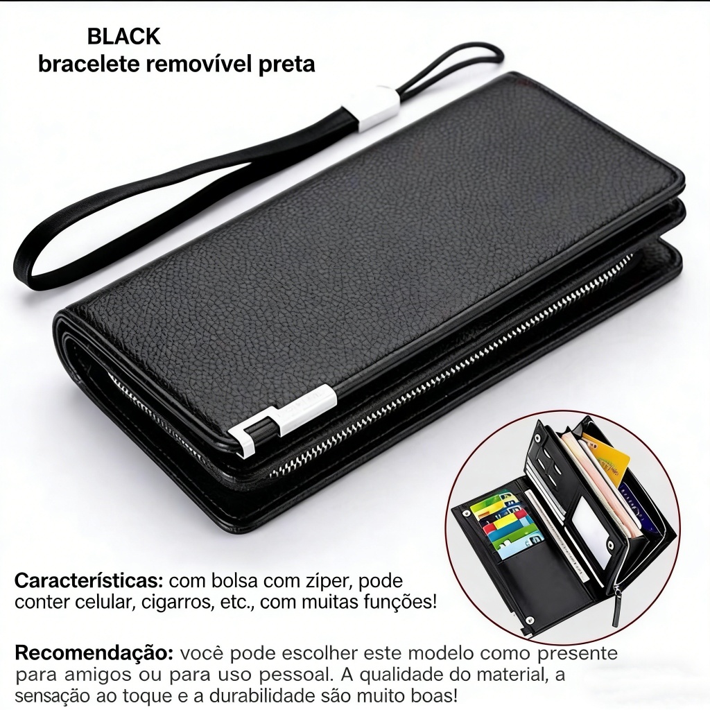 Carteira Masculina Retro Longa com Zíper | Couro PU de Alta Durabilidade, Grande Capacidade