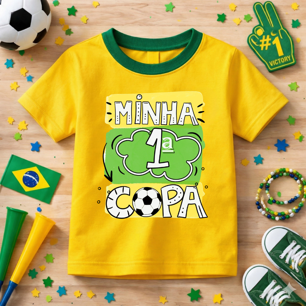 Camiseta Infantil Minha Primeira Copa Do Mundo Menino Lançamento Brasil Algodão Premium Confortável