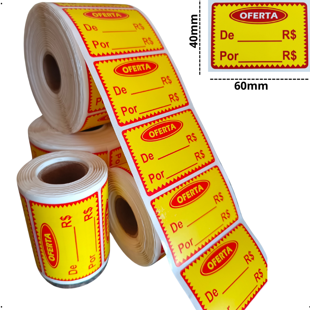 250 ETIQUETA ADESIVA OFERTA PARA PREÇO DE: R$ / POR: R$ 60X40m AMARELA PROMOÇÃO ENVIO IMEDIATO 6X4cm