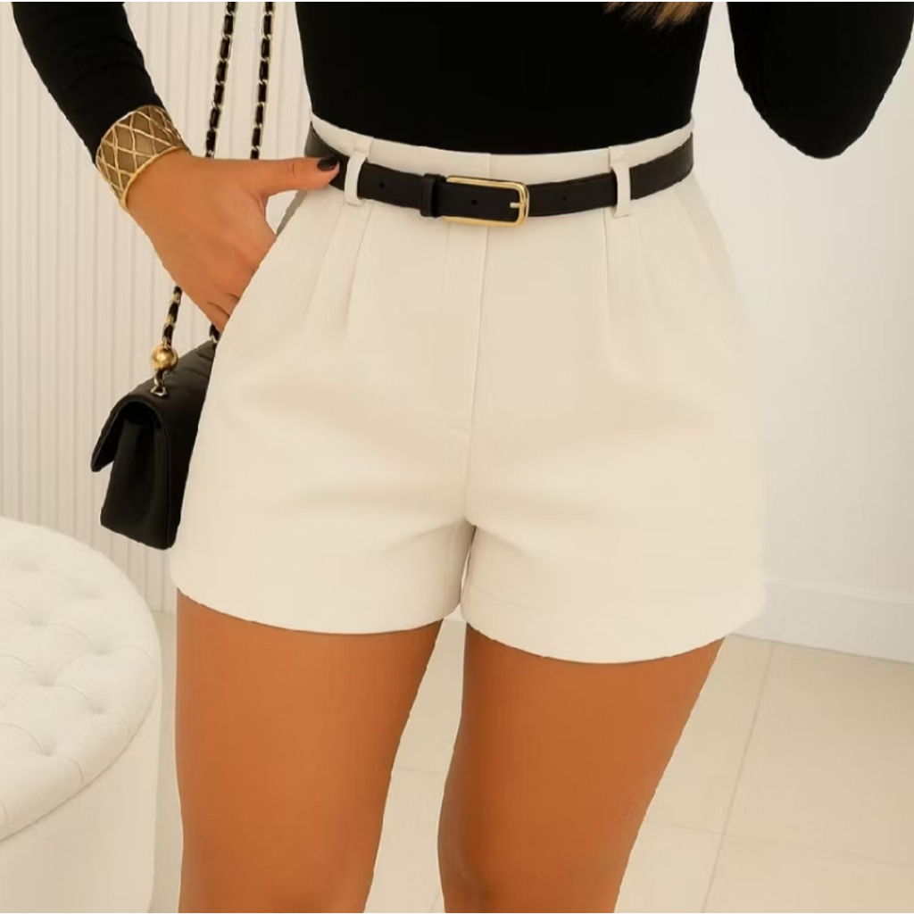 Short Feminino Alfaiataria Social com Cinto cintura alta com bolso tendência Promoção