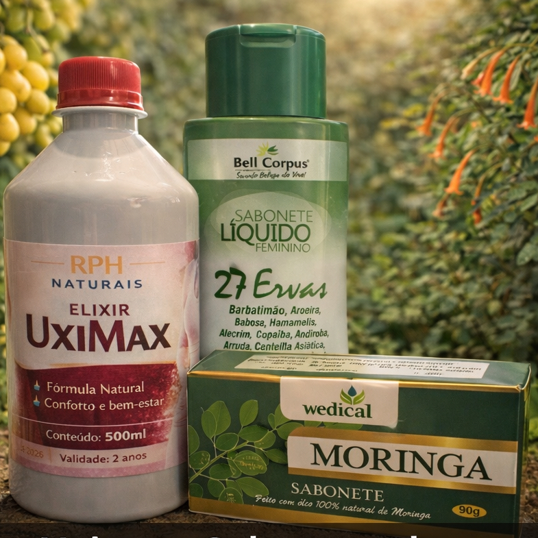 Combo Bem-Estar Feminino | Sabonete Líquido 27 Ervas + UxiMax + Sabonete de Moringa