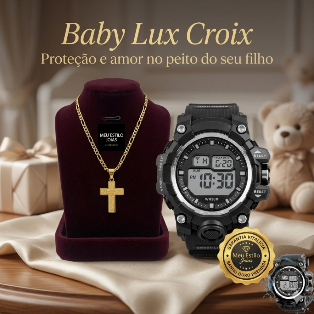 Corrente Infantil Masculina Banhada a Ouro com Pingente de Cruz Pai Nosso + Relogio Digital Luxo