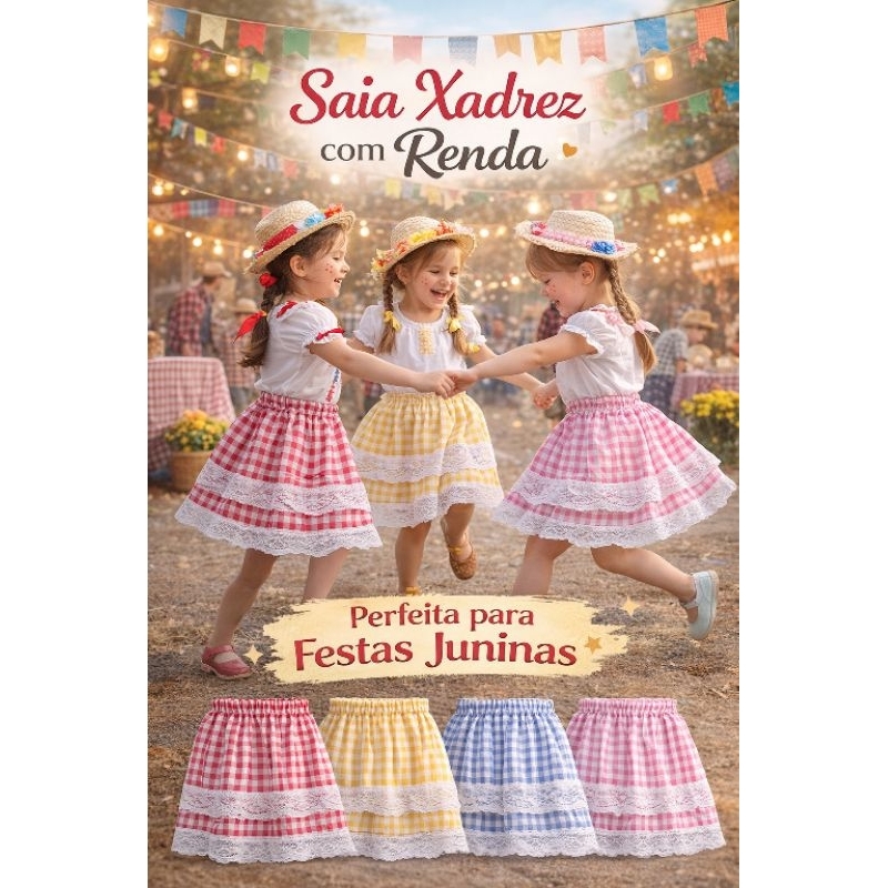 Saia Xadrez infantil com renda - festa junina