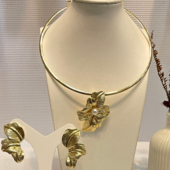 Kit Conjunto Colar Choker + Brinco Feminino Meia Flor Orgânica Dourado ou Prata Conjunto Elegante