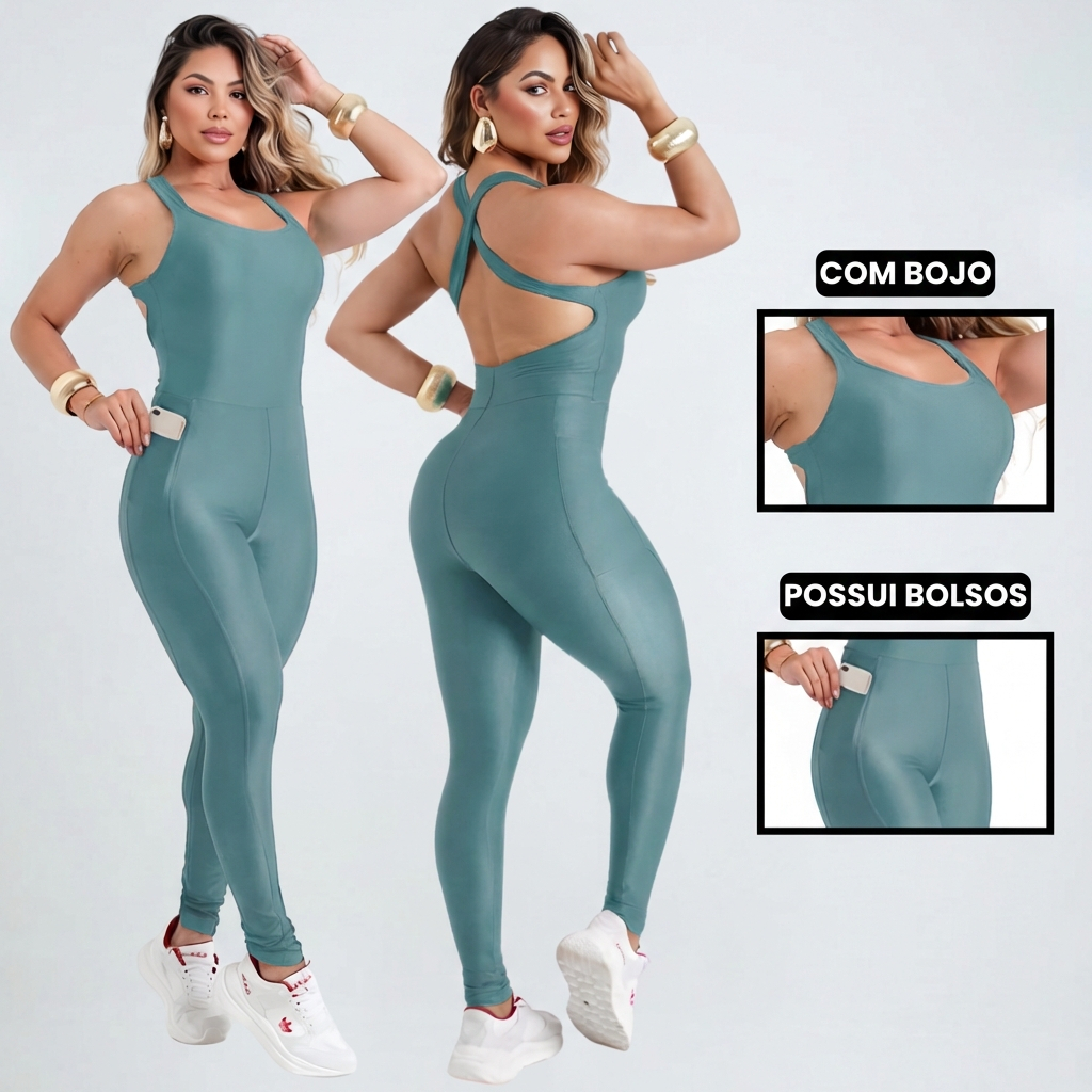 Macacão Academia Fitness Feminino com Bolsos e Bojo Removível em Poliamida Zero Transparência