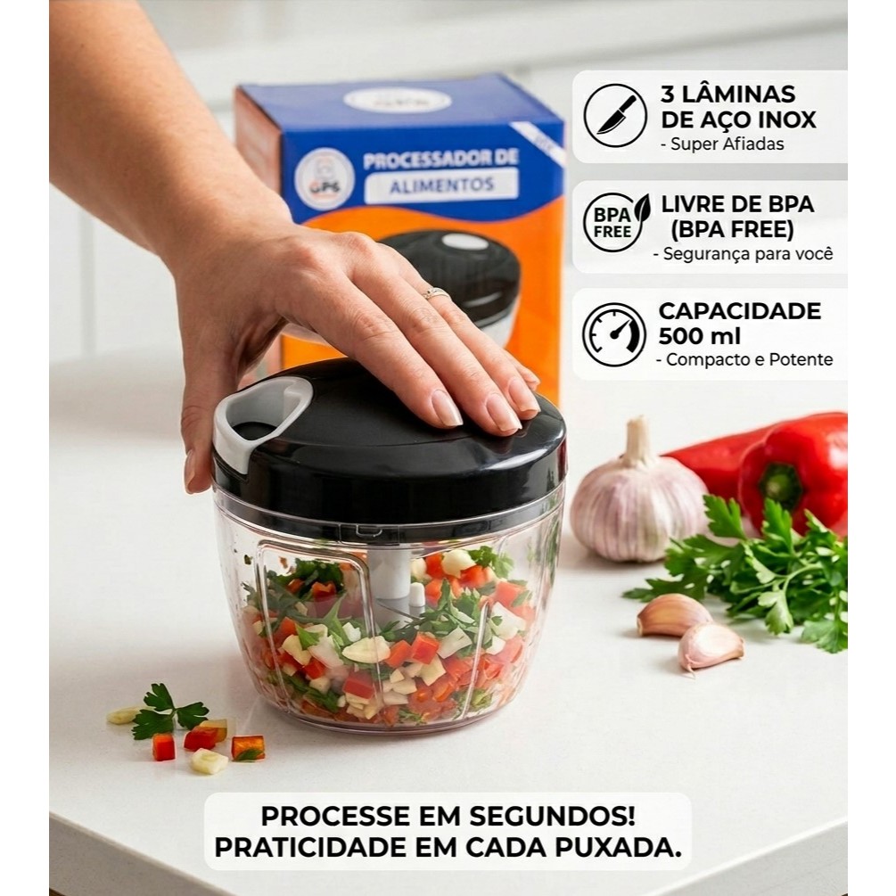 Mini Processador Manual 500ml Triturador de Alimentos Portátil com Lâmina Inox Pica Alho Legumes Cozinha Prático