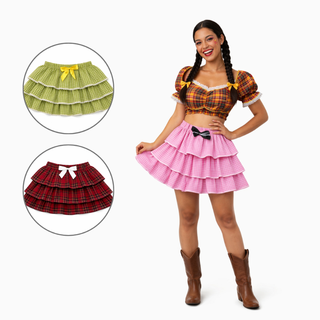 Saia Adulta 3 Babados Festa Junina Caipira São João Arraiá Feminina Mulher Várias Cores 36cm Juvenil Quadriculada Xadrez