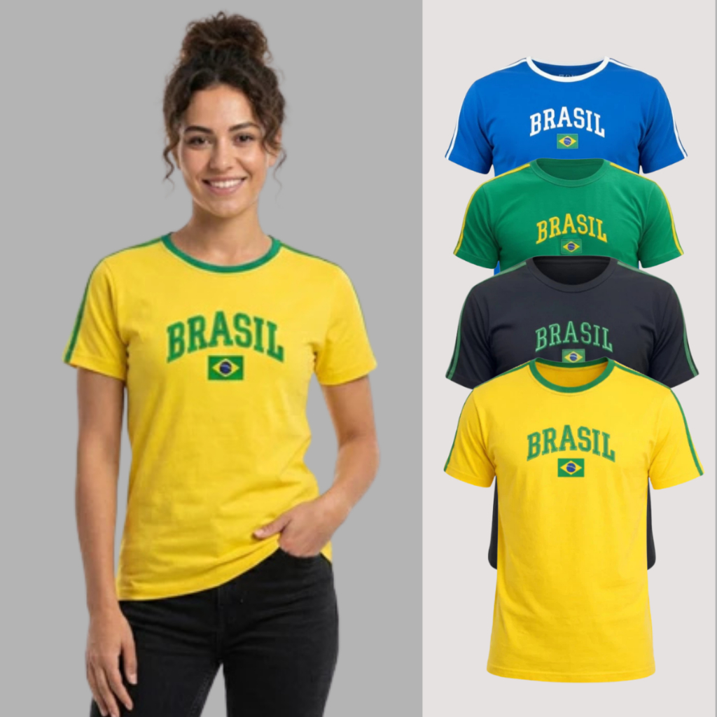 Camiseta Feminina Bordada Brasil Algodão Retro Casual Futebol