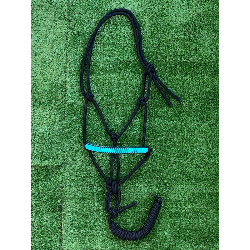 Cabresto 7 nós para Cavalo Égua Mula corda 8mm com detalhe na focinheira Preto/Azul Promoção