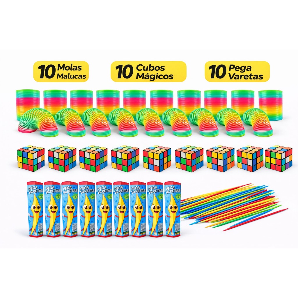 Kit Brinquedo Lembrancinha Festa Infantil 30 Itens Molas Cubo Mágico Pega Varetas