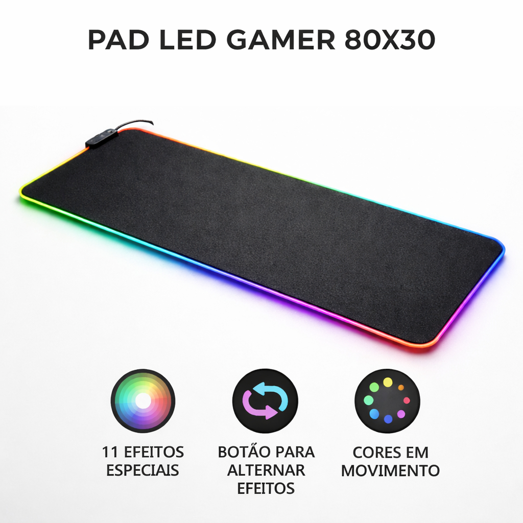 Mouse Pad Gamer LED RGB 80x30 Grande Iluminado 11 Modos Efeitos Antiderrapante Setup Gamer