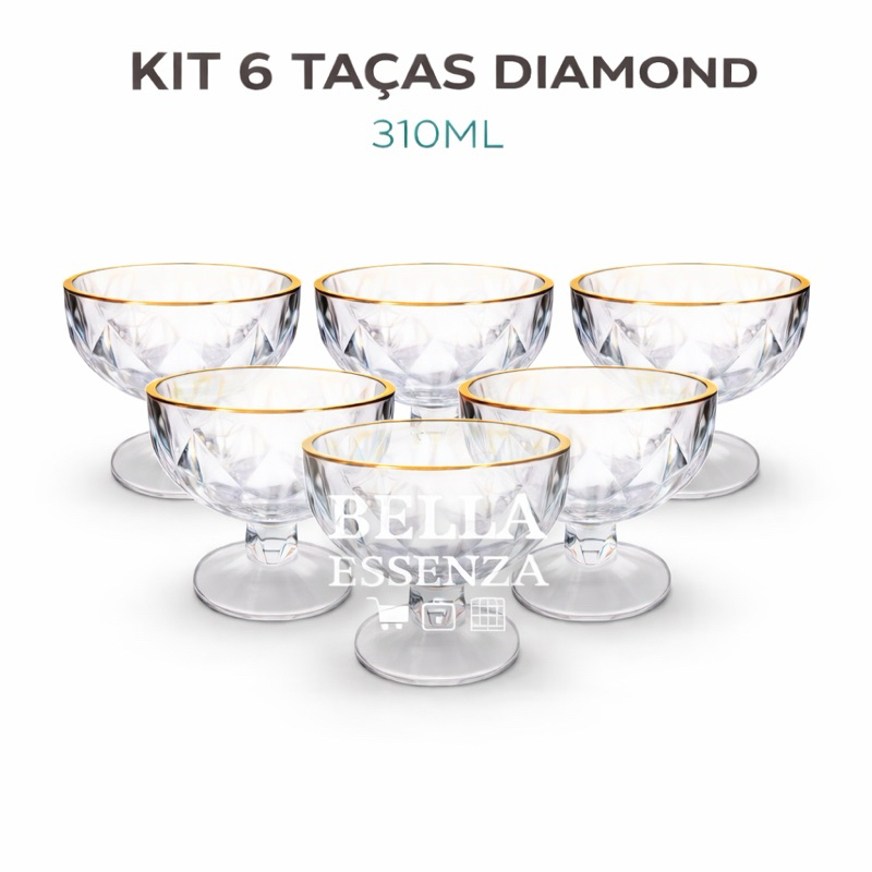 Kit Jogo 6 Peças Taças Coquetel Vidro Diamond 310ml Reforçado Resistente Elegante Para Sobremesa
