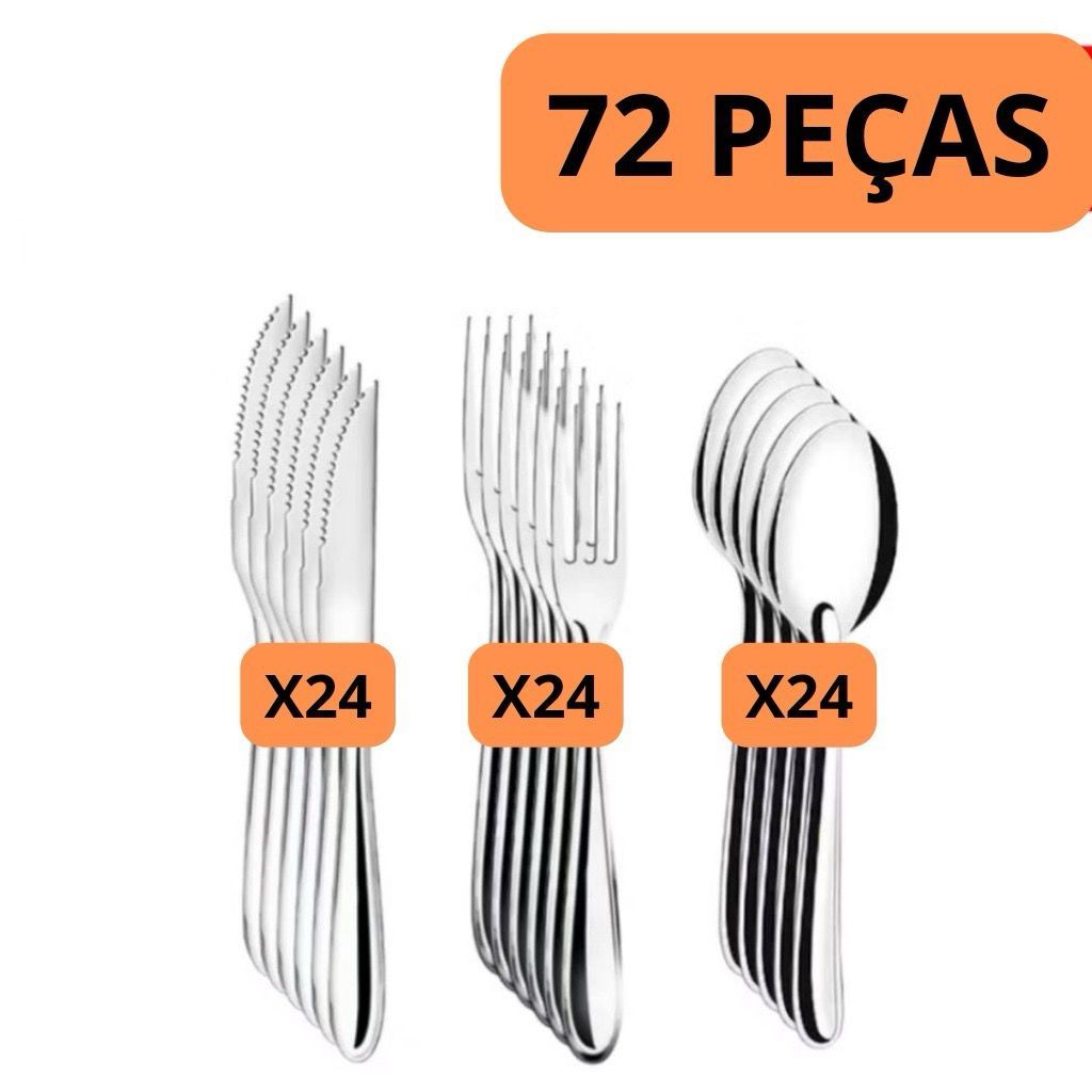 Kit 18/ 36/ 54 ou 72 Talheres Aço Inox Acabamento Espelhado Reforçado para Cozinha e Buffet