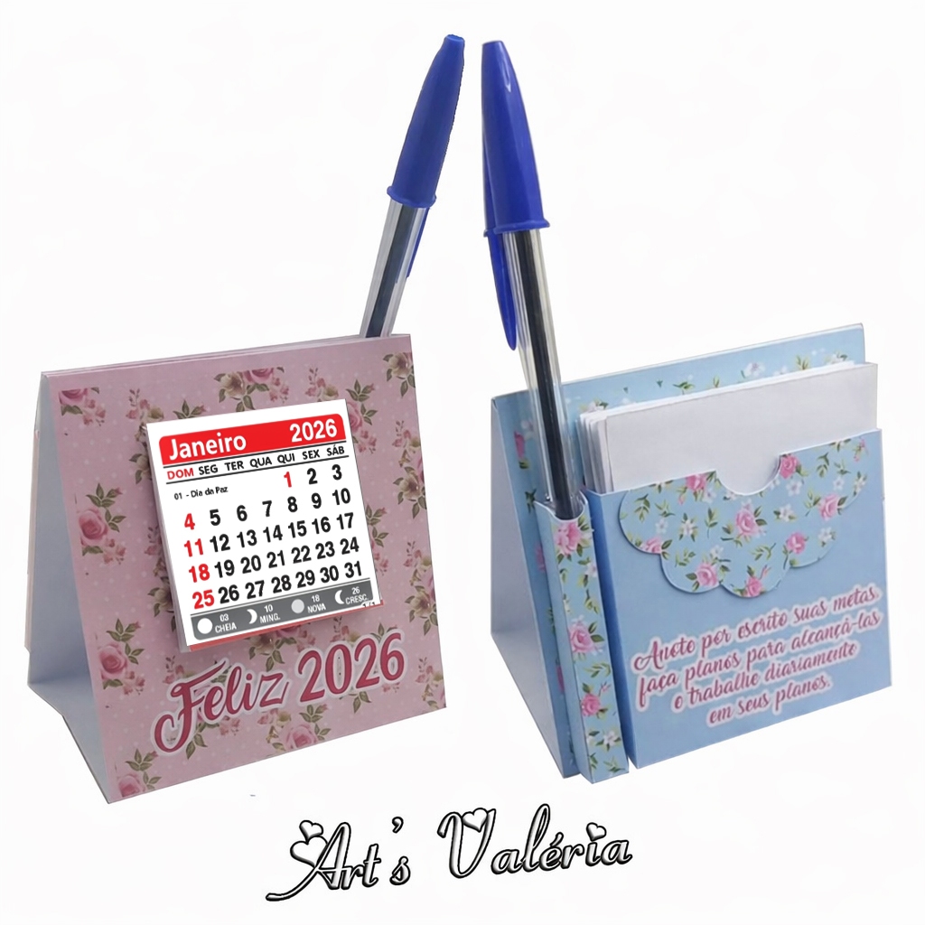 Mini Calendário de Mesa com Bloquinho e Caneta - Calendário Atualizado