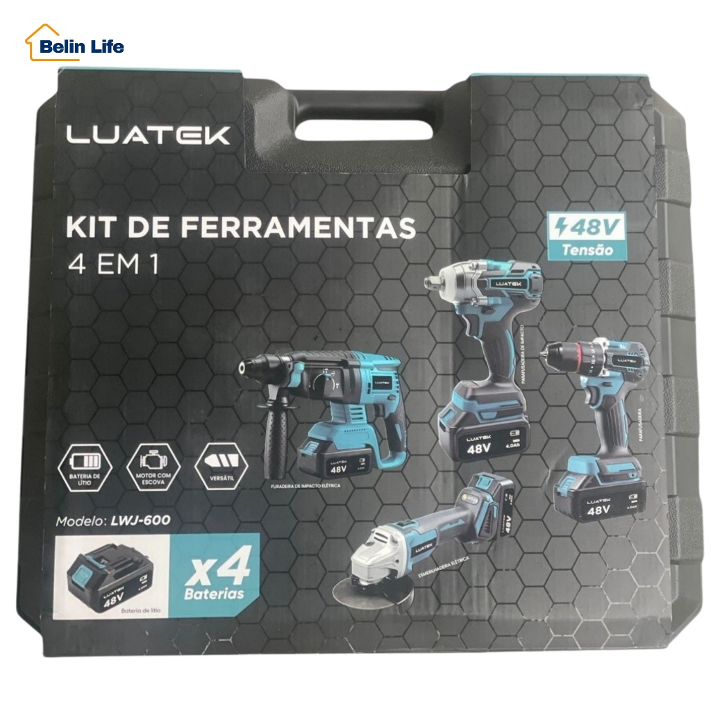 Kit 4 em 1 Luatek 48V Sem Fio 4 Baterias Parafusadeira Esmerilhadeira Chave Impacto Martelete Brushless Luatek LWJ-600