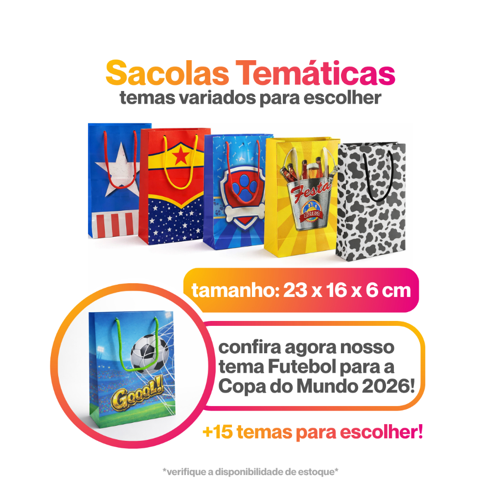 Kit c/ 10 Sacolas Surpresa de Papel Temática 23x16x6cm (Circo, Boteco, Futebol, Melancia, Onça...)