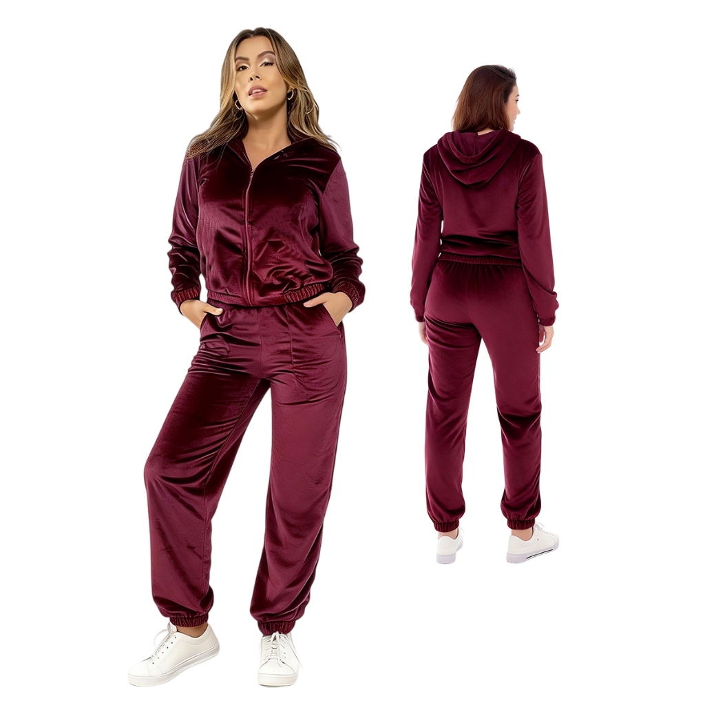 078# Conjunto Feminino Veludo Plus Blusa E Calca Com Elastino CON-078