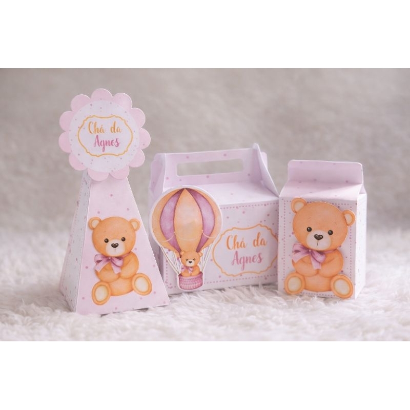 Kit festa caixinhas chá revelação chá de bebe ursinha personalizadas com nome e idade lembrancinhas pegue e monte