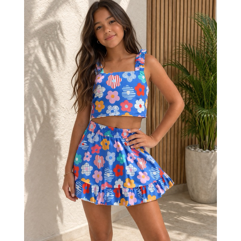 Conjunto infantil feminino cropped e saia balone floral verao TAM 2 ao 12