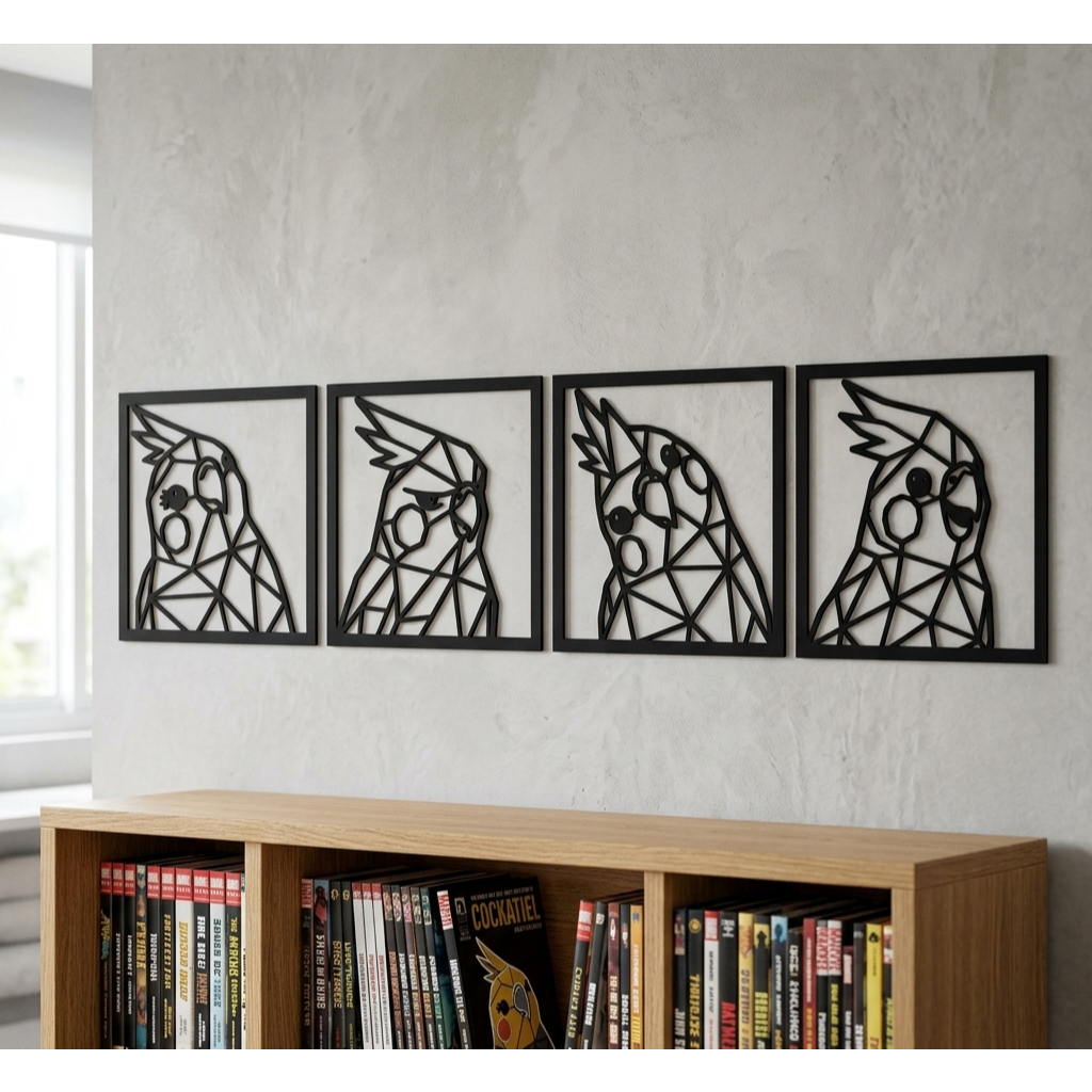 Kit 4 Quadros Decorativos De Parede MDF Calopsita Pássaros Vazados Para Sala Quarto Escritório