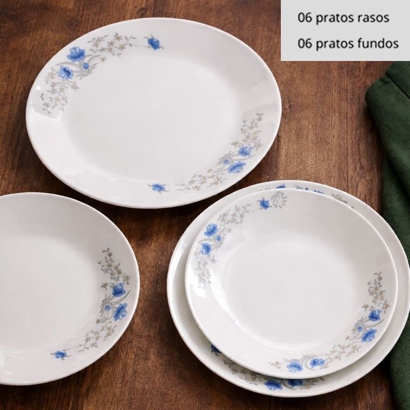 Aparelho de Jantar 12 Peças de Porcelana Prato Raso e Fundo Elegante para Almoço e Janta