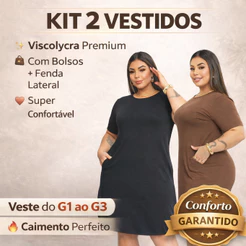 Kit 2 Vestido Plus Size Feminino Casual com Bolso e Fenda Lateral Confortável Elegante para o Dia a Dia Passeio