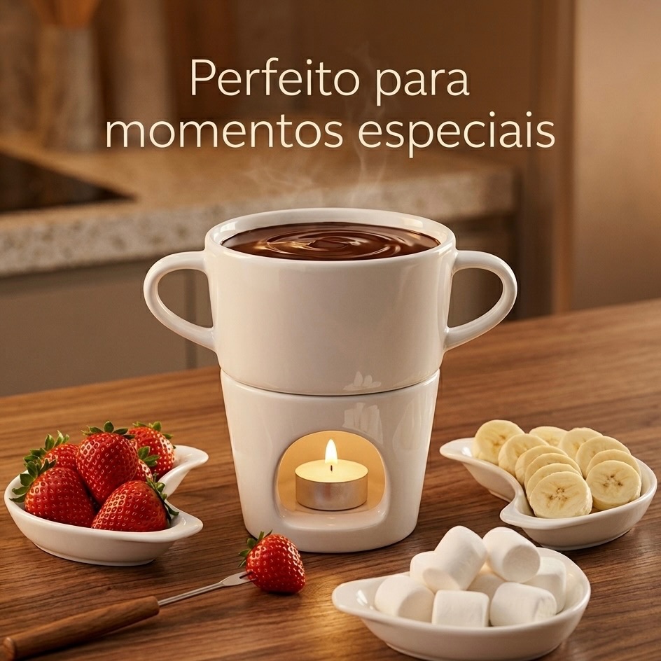 Fondue de Porcelana Branca para Chocolate e Queijo com Vela | Presente Romântico
