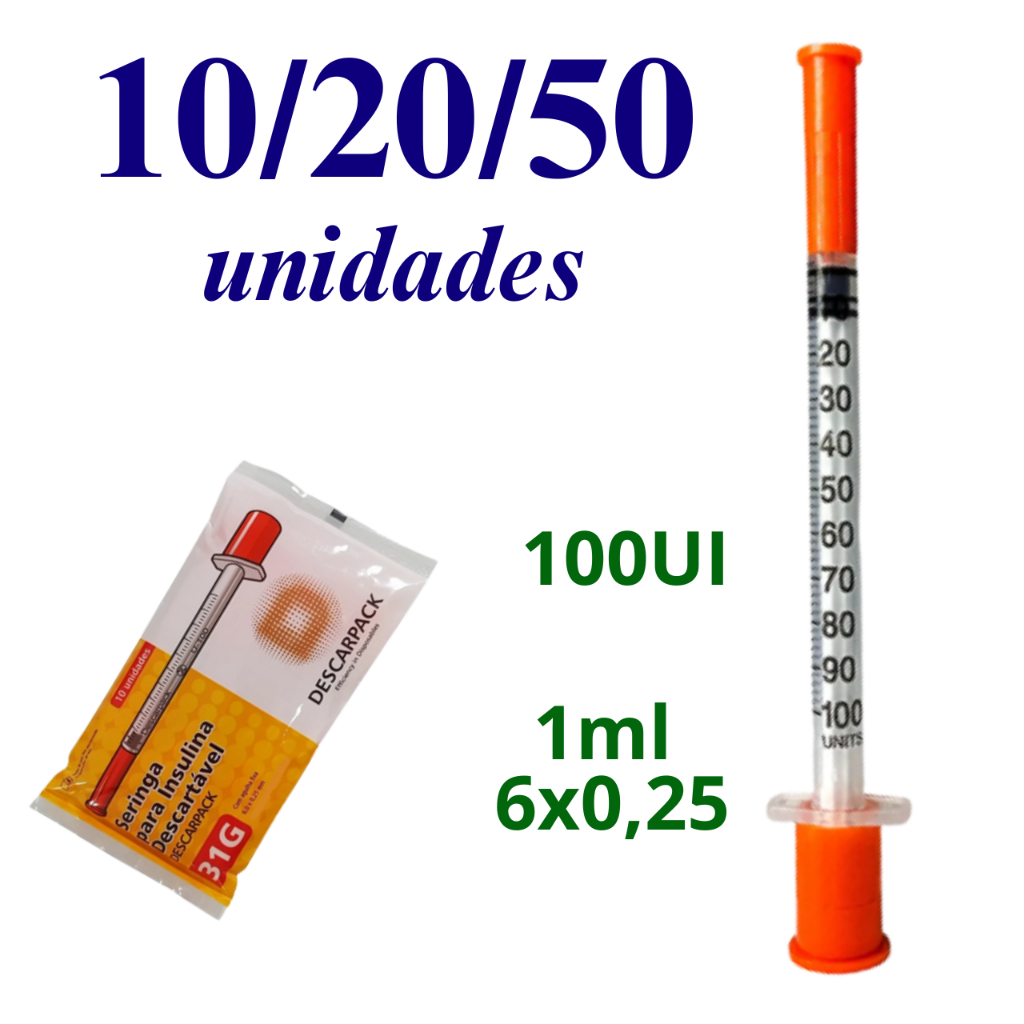 Seringa Insulina 1ml Com Agulha 6x0,25mm (100UI) Com 10/20/50 Unid -31G Descarpack em Oferta na Shopee
