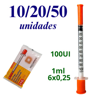 Seringa Insulina 1ml Com Agulha 6x0,25mm (100UI) Com 10/20/50 Unid -31G Descarpack em Oferta na Shopee