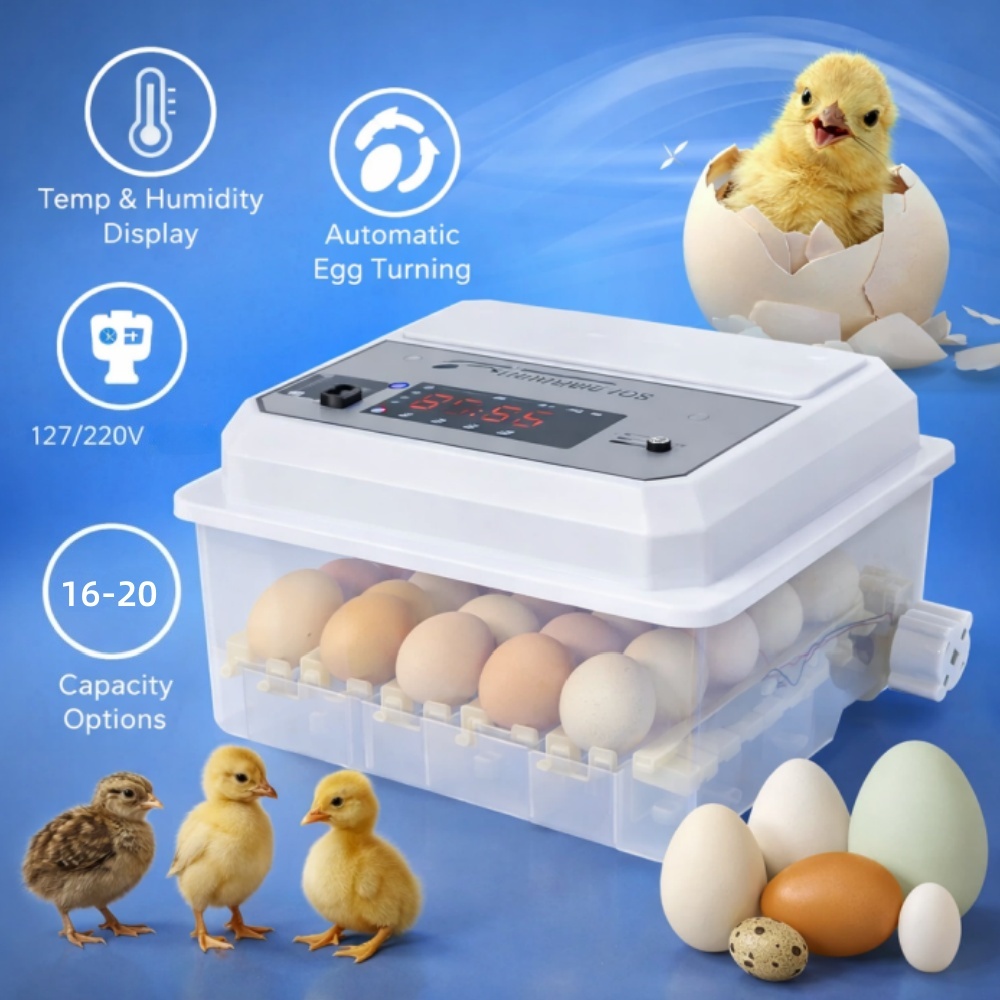 Automatic Egg Incubator 16–20 Eggs, Digital Temperature Control, Auto Turning, Easy Hatch for Beginners, 127V or 220V Op