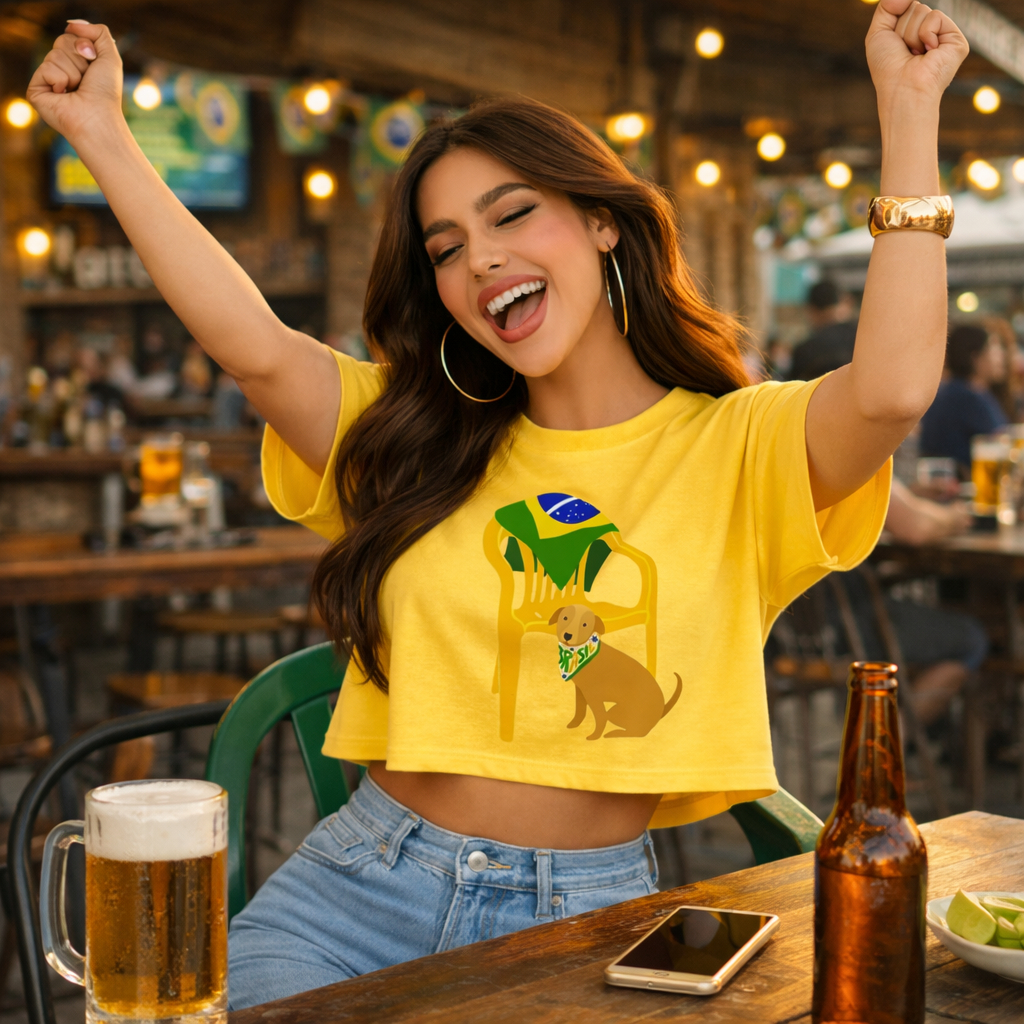 CROPPED BRASILIDADES ESTAMPA BRASIL CARAMELO COPA SELEÇÃO FEMININO ALGODÃO OVERSIZE