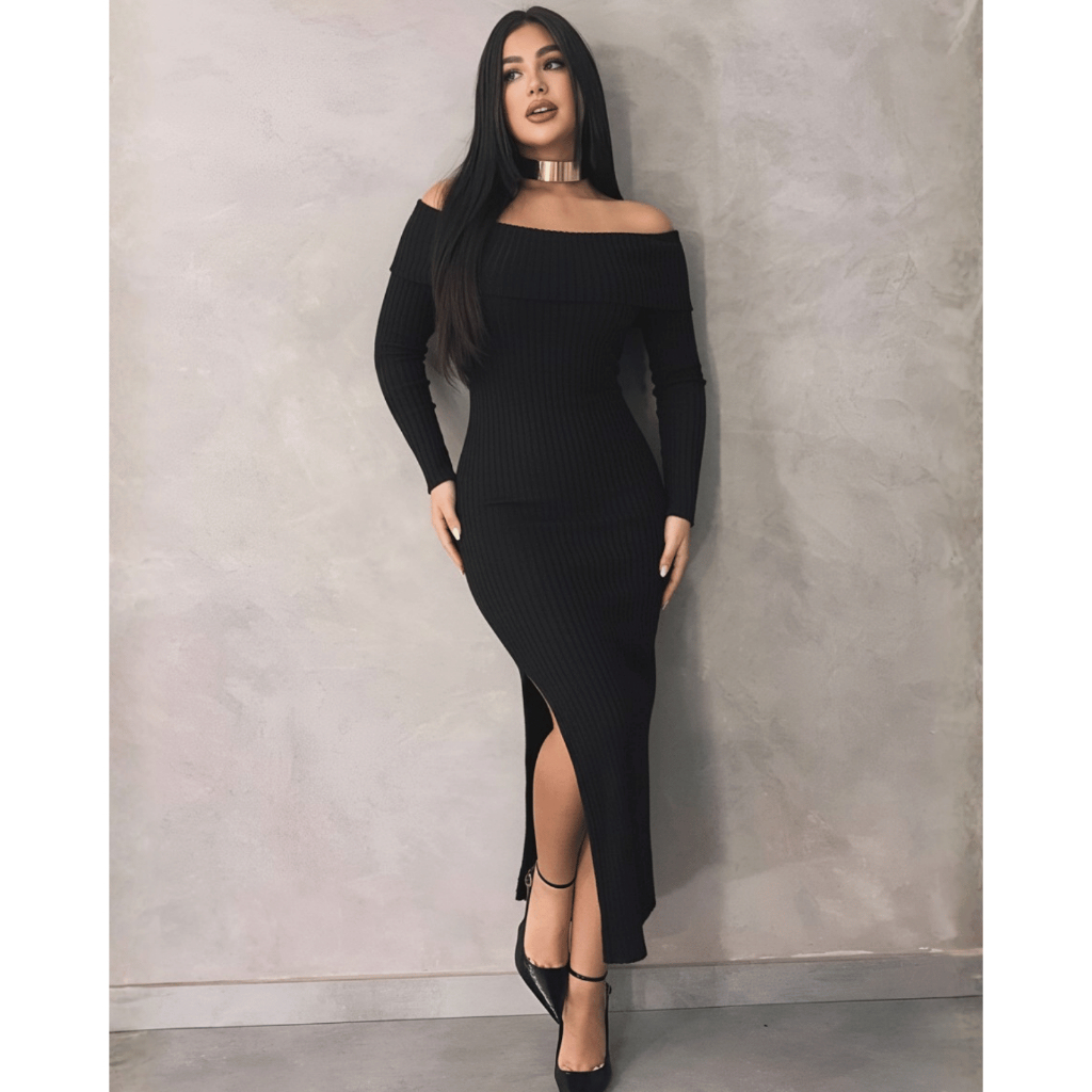 Vestido de Festa Longo Feminino Ombro a Ombro Fenda Elegante Inverno Colado Evento Luxo PP a G1