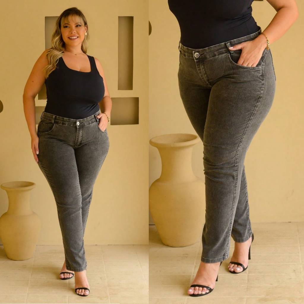Calça Jeans Feminina Plus Size Premium Marmorizada Preta Grafite Cintura Alta Modelagem Tradicional