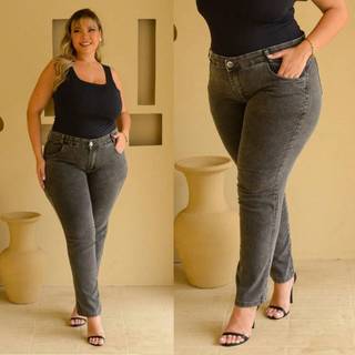 Calça Jeans Feminina Plus Size Premium Marmorizada Preta Grafite Cintura Alta Modelagem Tradicional