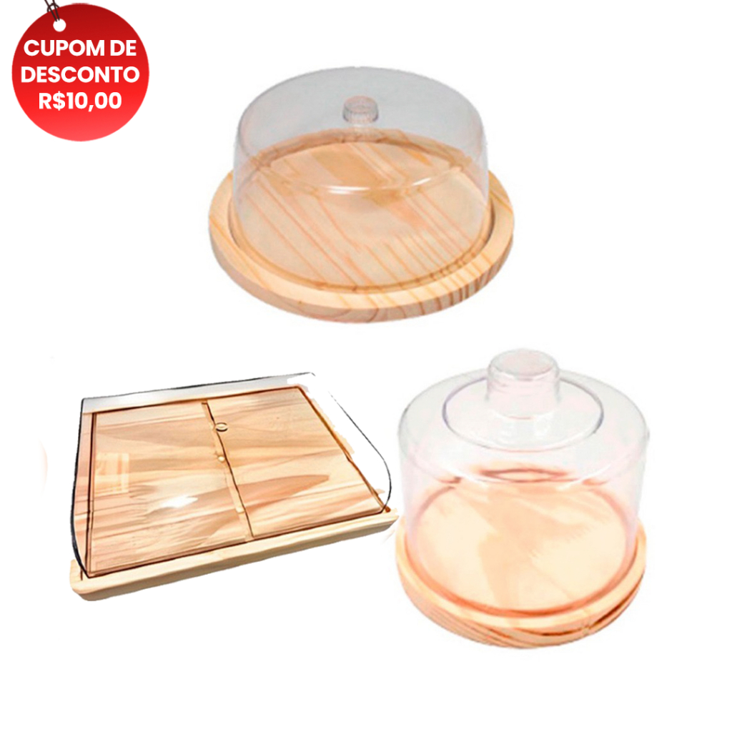OFERTA 6.6 KIT 3pçs Café Manhã, Porta Frios MEDIO (21X16,5CM), Queijeira e Boleira Madeira NATURAL Cozinha