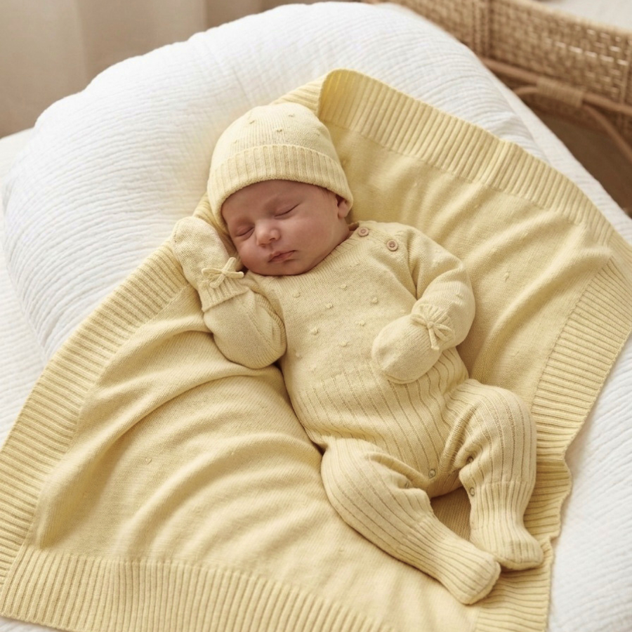 Kit Roupa Infantil RN 4 Peças Bebê Saída Maternidade Luxo Tricô Recém Nascido Macacão Manta Luva Touca Tricot