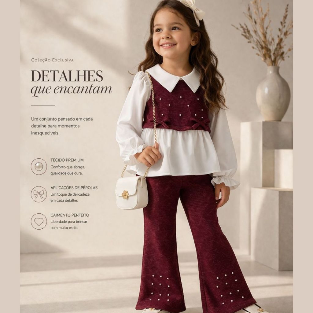 Conjunto Infantil Menina Luxo com Pérolas | Roupa Infantil Elegante Festa Casual Premium Moda Outono Inverno 2026