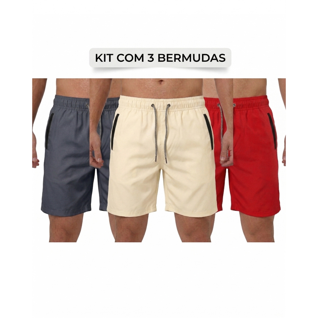 Kit 3 Bermuda Masculina Tactel Com Elastano Premium ZETTRO Praia Academia