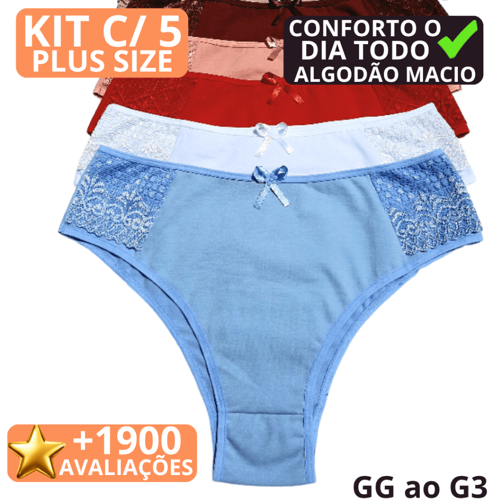 Kit c/ 5 Calcinhas Plus Size luxo em algodão GG G1 G2 G3 ALTA QUALIDADE
