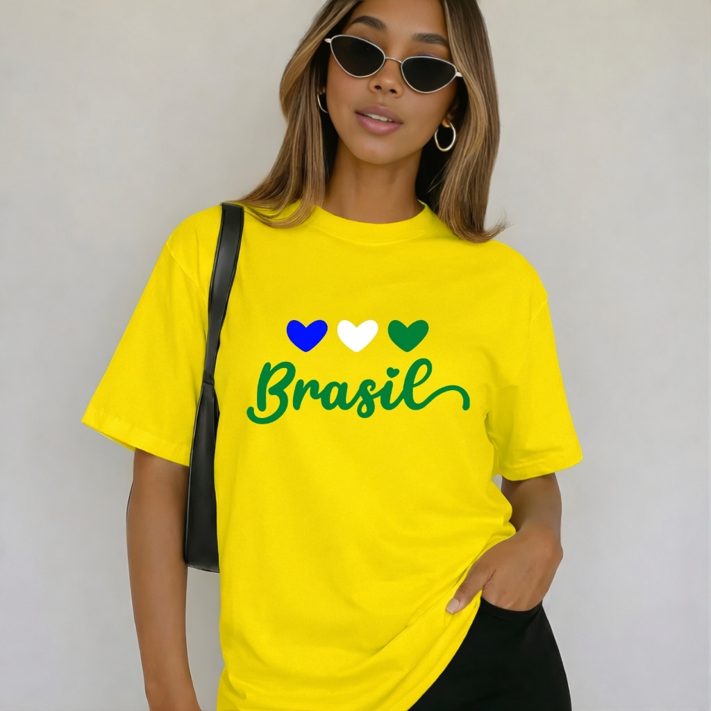 Camiseta Feminina do Brasil com 3 Corações Super Estilosa Blusa 100% em Algodão Premium