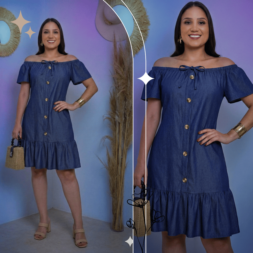 Vestido ciganinha mais vendidos   gola ombro a ombro em tecido jeans chanbre