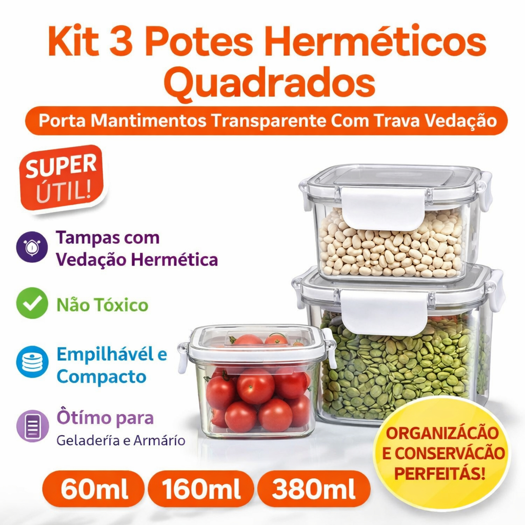 🥗 Kit 3 6 9 Potes Herméticos Quadrados Transparente Tampa Trava Porta Mantimentos
